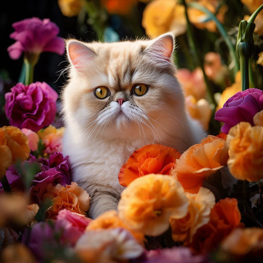 Exotic shorthair cat in a flower bed with beautiful flowers