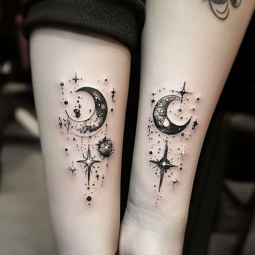 Small matching tattoos of stars and galaxies in the style of Gerald Brom