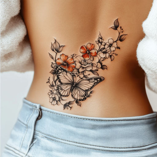 Lower back tattoos for women on a Pure White Background in Ed Hardy style