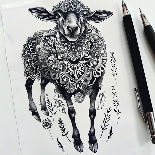 Blackwork tattoo style illustration of a black sheep with intricate mandala designs