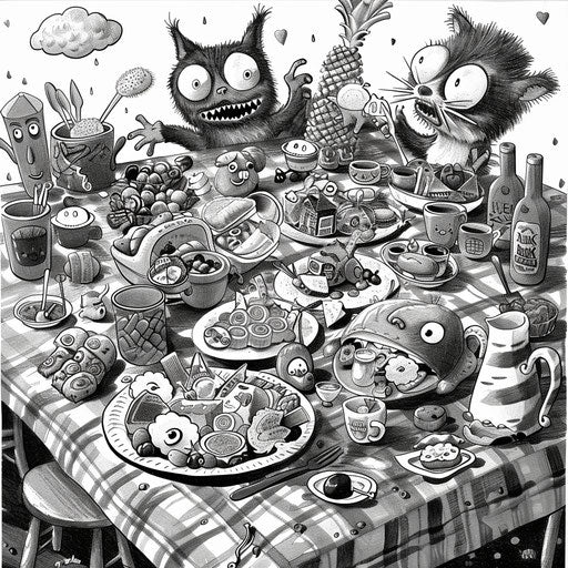 Whimsical potluck scene with animated food characters