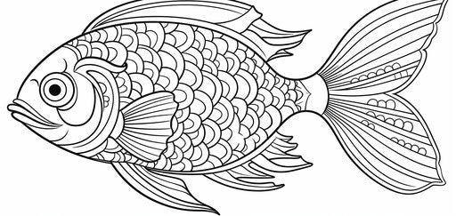 Cute fish coloring pages on white background, op art style, radiating lines, distorted form