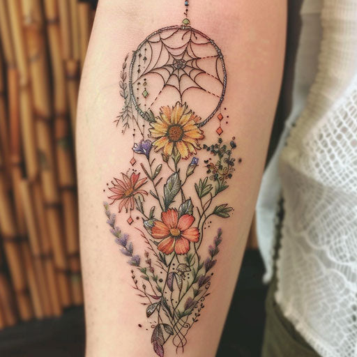 Wildflower tattoo with dreamcatcher, intricate details, soft pastels, bohemian