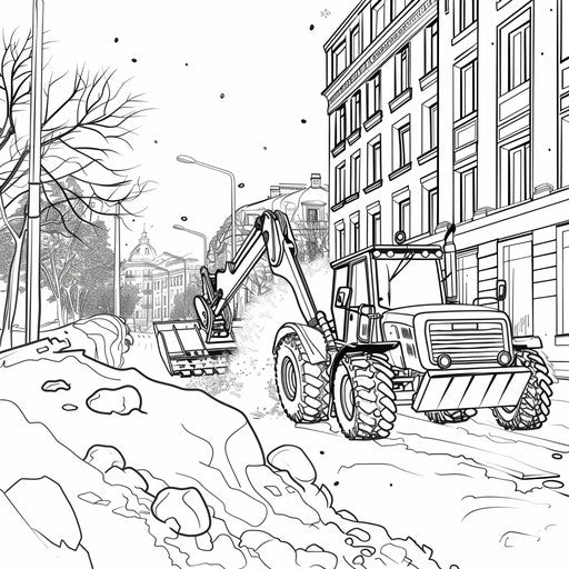 Bulldozer clearing city street in winter