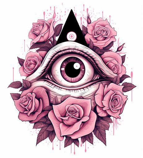 Black and white tattoo of all seeing eye with roses and a triangle