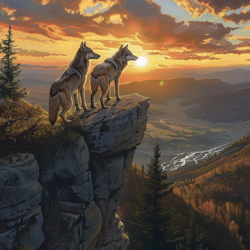 Two wolves overseeing an untouched valley at sunset