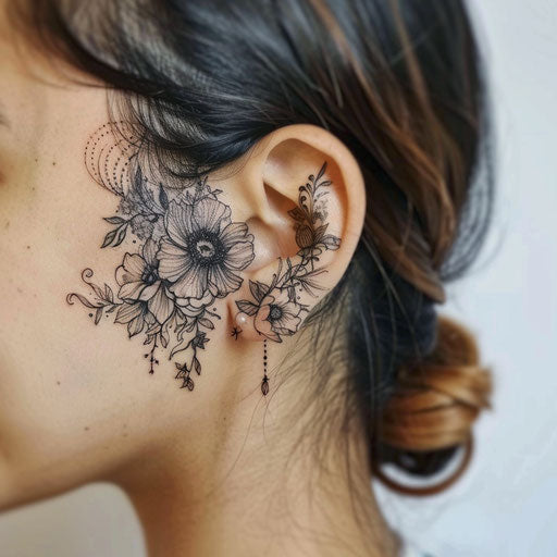 Ear tattoos in the style of Maria Sibylla Merian with floral designs