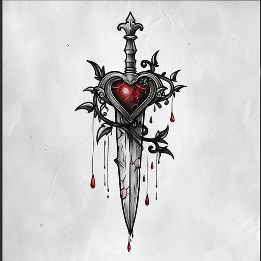 Tattoo sketch of a dagger piercing a heart, with blood drops and vines, in clipart style, flat black ink