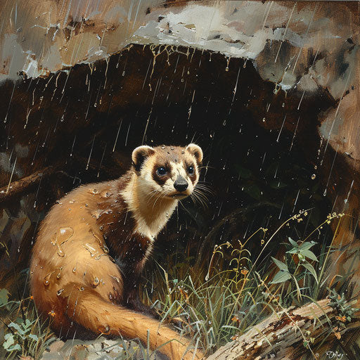 Black-footed ferret alert at burrow entrance after rainstorm