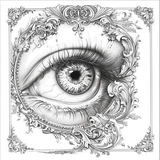 Ornate eye with baroque details, in the style of Gennady Spirin