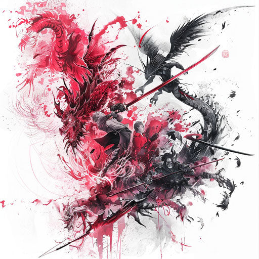 Epic battle scene of a hit anime, captured in a dynamic tattoo design, presented on a white background