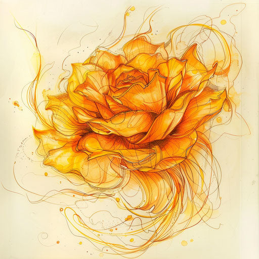 Dynamic tattoo sketch of an amber rose in motion