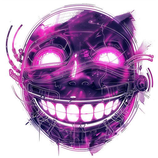 Cyberpunk smiley face tattoo design, neon and cybernetic elements, on white