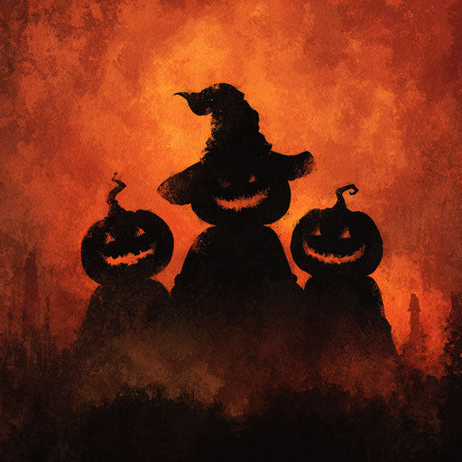 Trio of Halloween pumpkins with a witch's hat