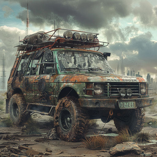 Post-apocalyptic off-road vehicle in a dystopian wasteland