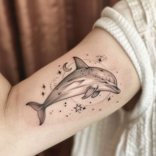 Whimsical dolphin tattoo with fantasy theme