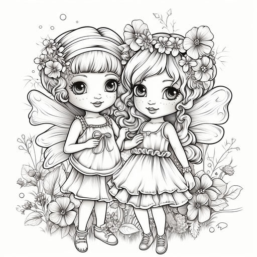 Coloring pages of two little fairy girls, ultra-realistic