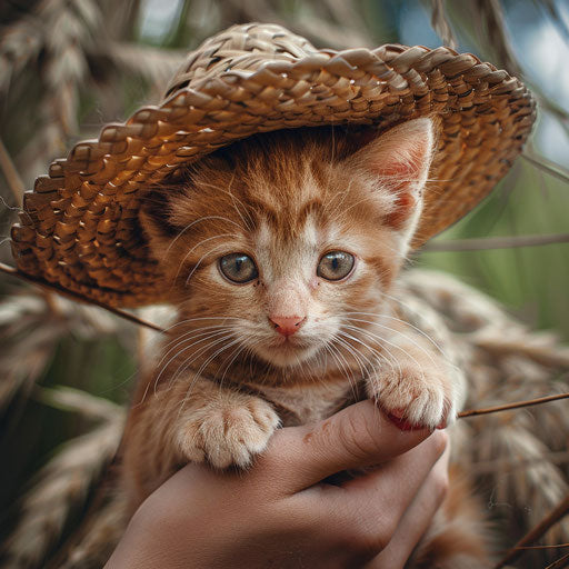 Person holding an orange kitten with a straw hat