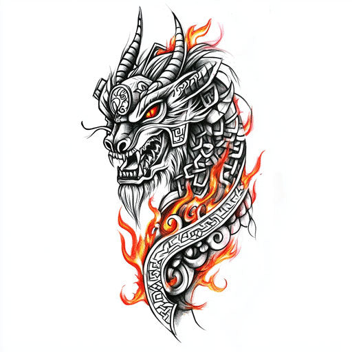Viking sleeve tattoo with dragon and flames on white background