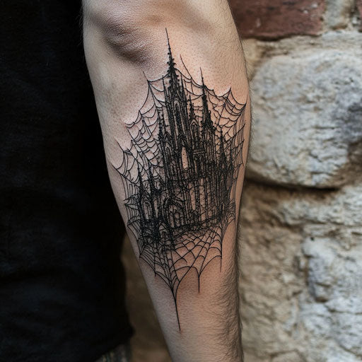 Spider web elbow tattoo with gothic architecture