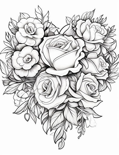 Heart-shaped rose wreath adult coloring page