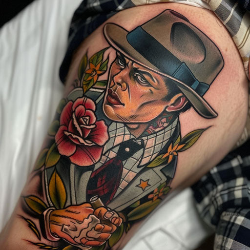 Neo-traditional gangster tattoo with cigar on white background