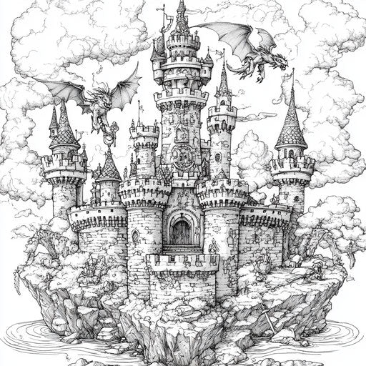 Epic princess castle with knights and dragons, in the style of Mark Schultz, Coloring book page