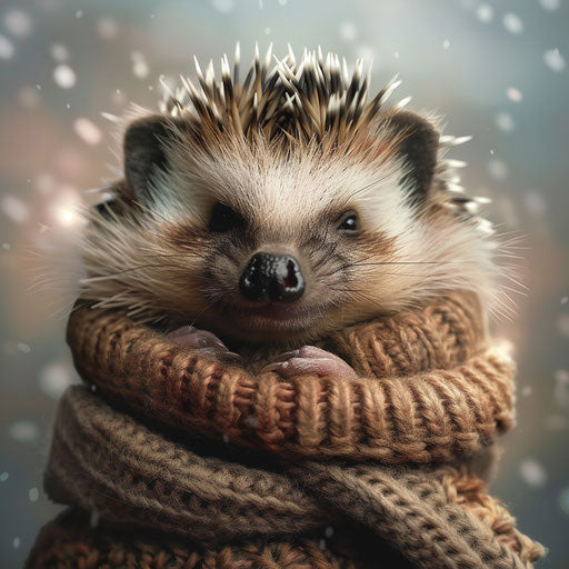 A hedgehog snuggled in a warm scarf