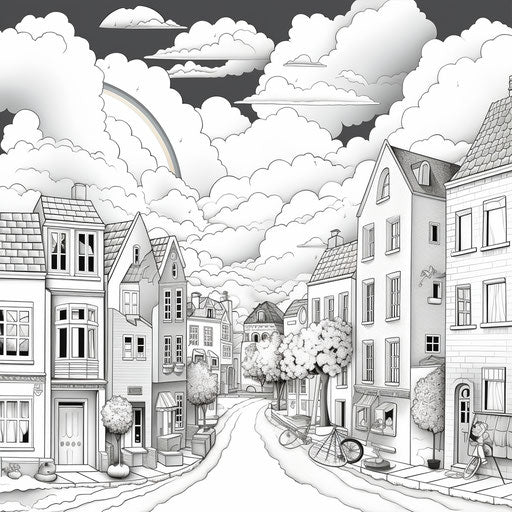 Rainbow town, sky, clouds: coloring book page for boys