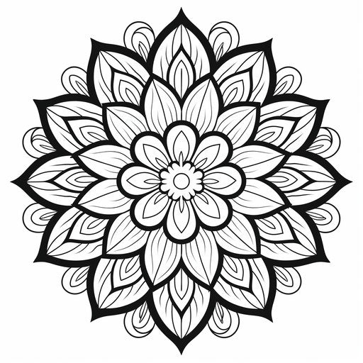 Mandala flower coloring page, Indian motifs style, dark white/light black, negative space, white background, precisionist lines, classic tattoo motifs