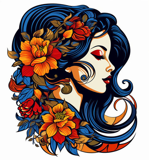 Vintage girl with hairstyle and flower, bold outline style, blue and amber, richly colored 59:64