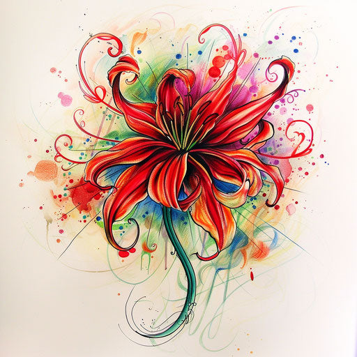Psychedelic tattoo sketch of a red spider lily