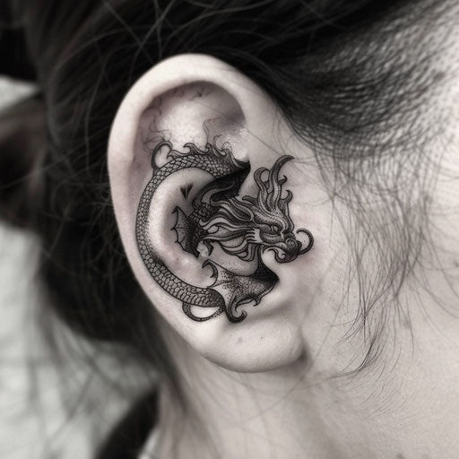 Ear tattoos in the style of David Palumbo with mythical creatures