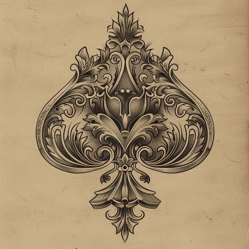Draw a vintage-inspired spade tattoo with retro clipart motifs and ornate details reminiscent of old-school illustrations