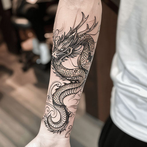 Forearm tattoo with a dragon, in the style of Ami James