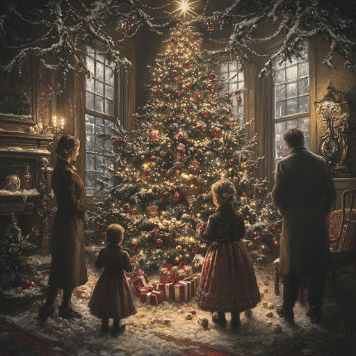 Family around tree with popcorn and cranberry garland