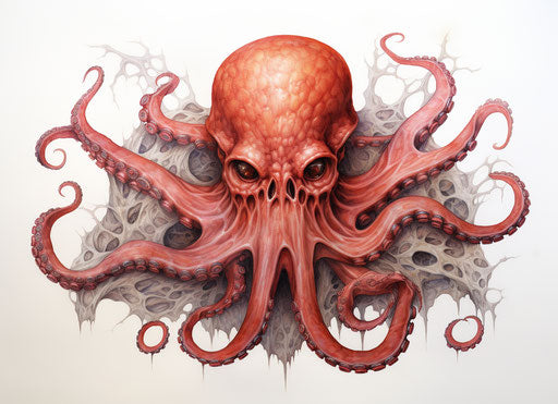 Octopus drawing on white background, light red and dark bronze style