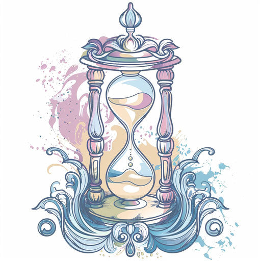 Flat tattoo sketch of hourglass with flowing sand, pastel tones