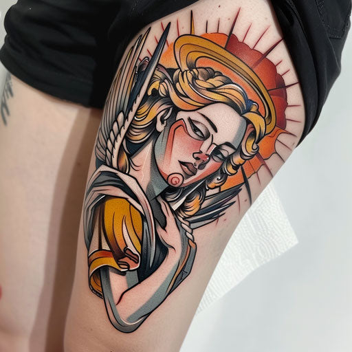 Neo-traditional guardian angel tattoo