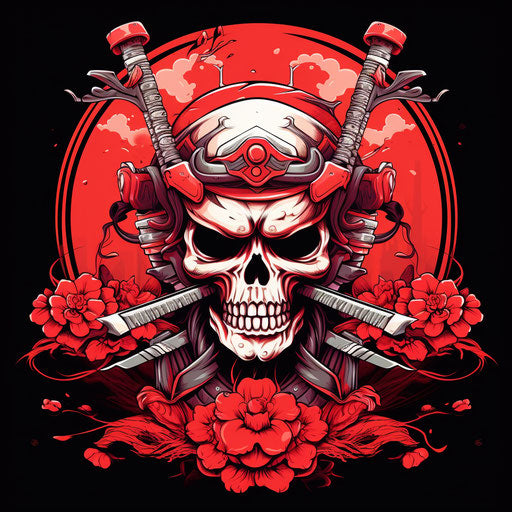 Graphic skull Japanese samurai with two swords in samurai style