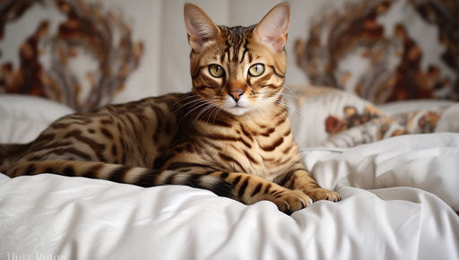 Bengal feline on a bed with white furniture, in the style of light maroon and dark gold