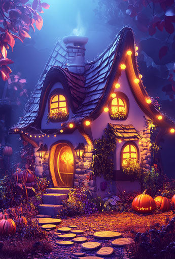 Halloween pumpkin house with lights, cartoon style, autumn