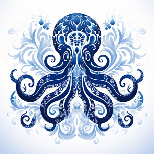 Blue and white octopus design with swirls