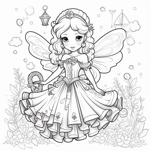 Fairy in ballgown coloring page, cartoon kawaii style