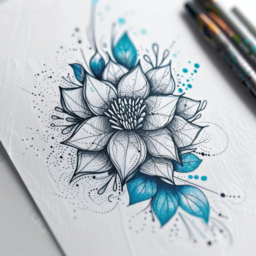 Lively flat tattoo sketch of a floral pattern with dot petals