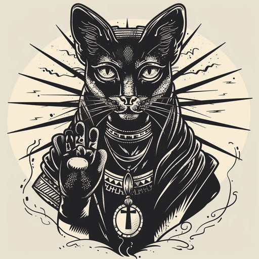 Bold and dark tattoo sketch with Bastet holding the Ankh, symbol of life