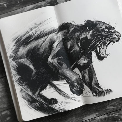 Roaring black panther, tattoo sketch on white sketchbook page