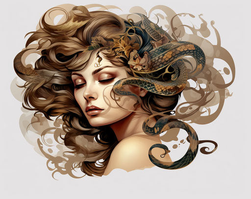 Snake head tattoo in Dorothea Tanning style