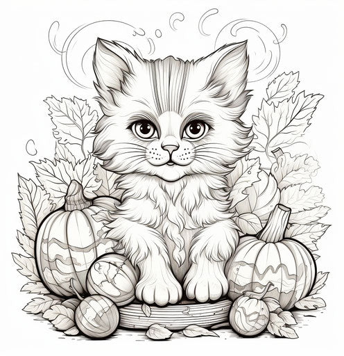Happy kitten in autumn with pumpkins