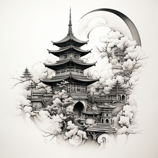Oriental palace and pagoda, charcoal drawing, anime influence